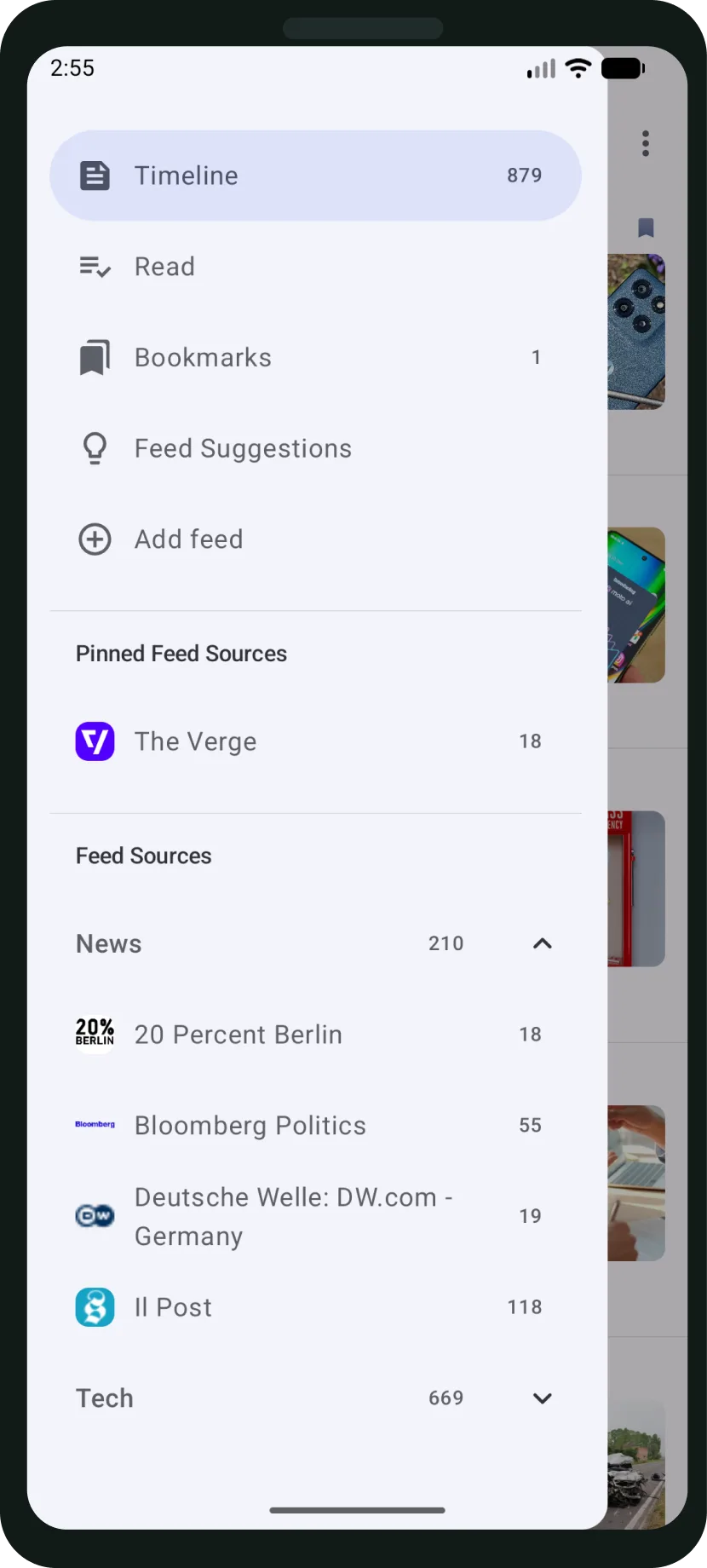 FeedFlow sidebar on Android — feed sources and categories