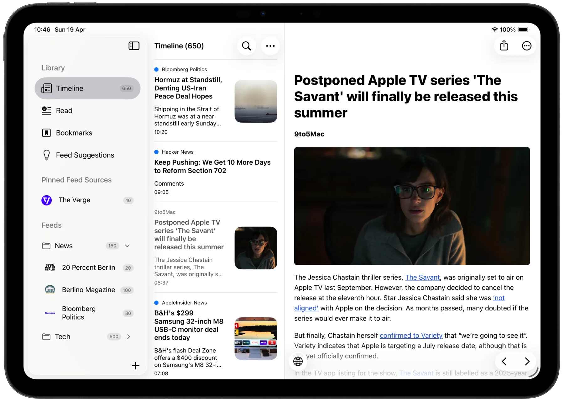 FeedFlow on iPad — three-column layout with sidebar, list, and article