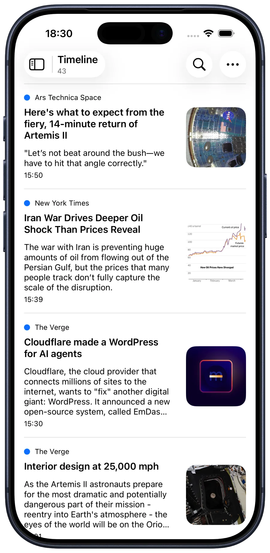 FeedFlow timeline on iPhone — chronological list of articles