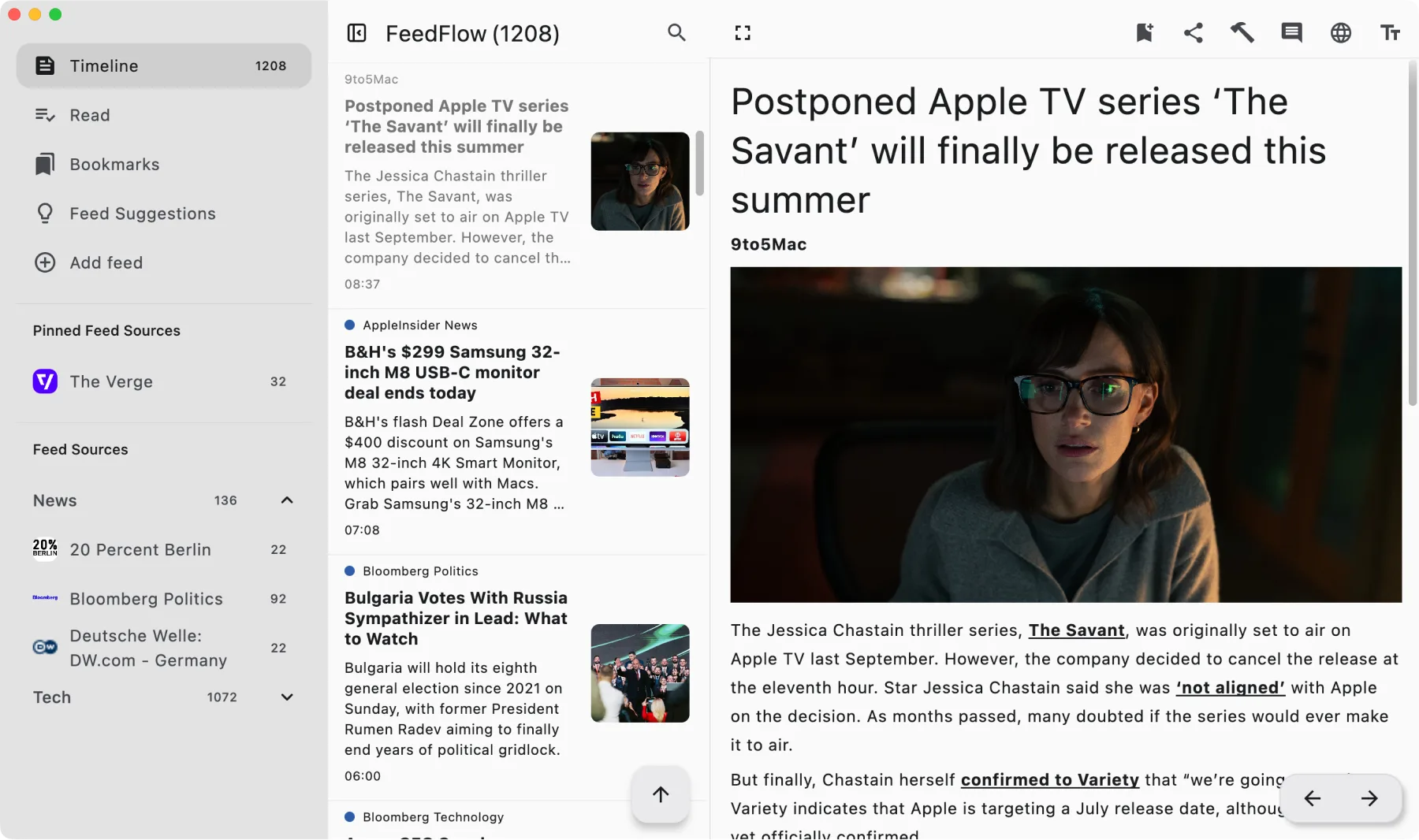 FeedFlow reader mode on macOS — full article with clean typography