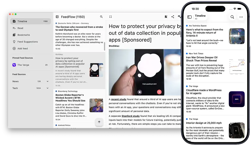 FeedFlow running on macOS and iPhone — desktop feed alongside mobile timeline